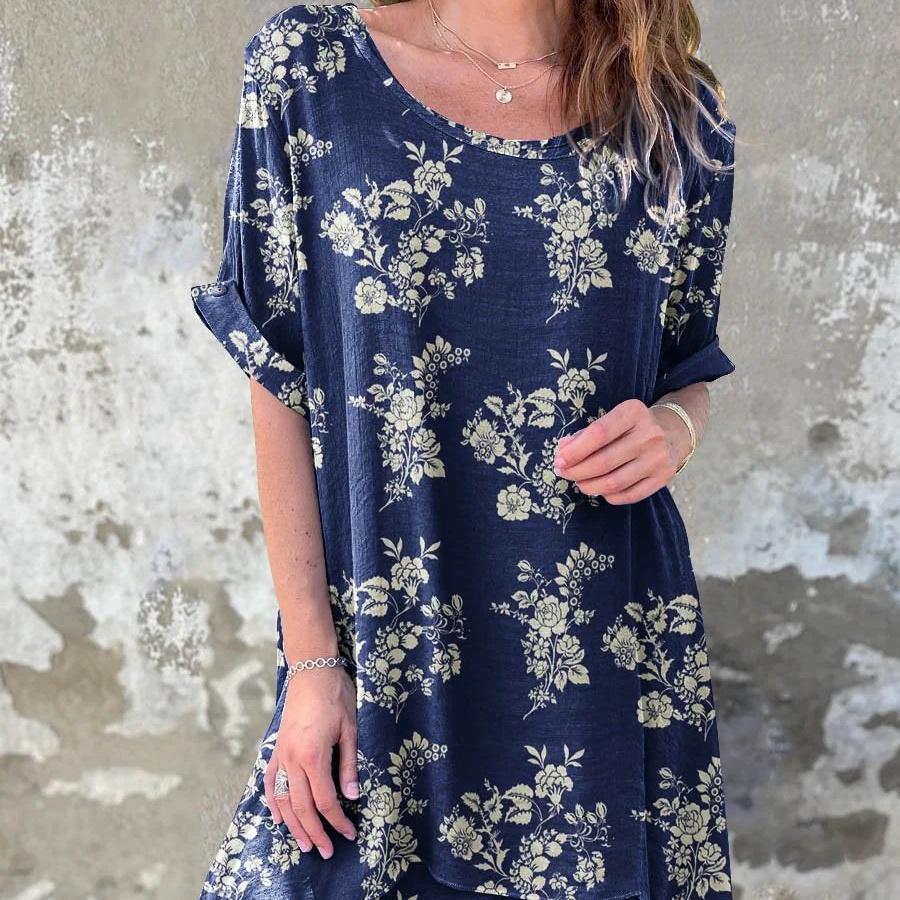 Fashionable Cinched Waist Round Neck Short-sleeve Printed Dress