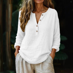 Casual Solid Color Cotton-Linen Long-Sleeve Half-Placket V-Neck