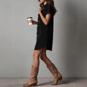 Retro Casual Corduroy Shirt Dress Loose Short-Sleeve Dress