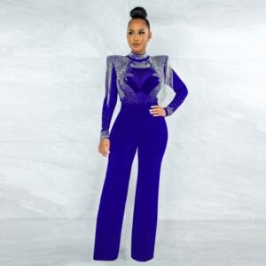 Arrival Hot-Stone Embellished Tassel-Trimmed Shoulder Design Sheer Polyester Mesh Patchwork Jumpsuit