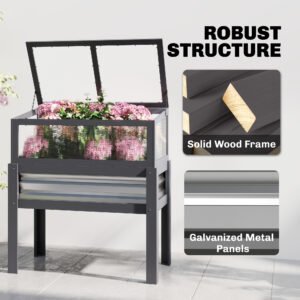 Raised Garden Bed with Flip-Up Mini Greenhouse, Elevated Planter Box with Legs and Bed Liner for Flowers, Vegetables