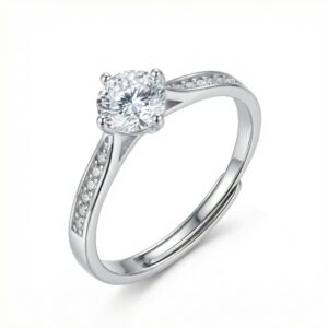 925 Sterling Silver Elegant Round Cut Solitaire Ring with Sparkling Diamond Accents and Adjustable Band