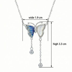 925 Sterling Silver Elegant Silver Butterfly Necklace with Blue Enamel and Mother-of-Pearl Accents