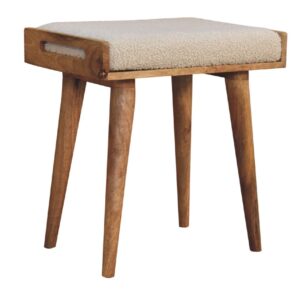 Solid Wood Boucle Cream Tray Style Footstool, Upholstered, Nordic Legs, Beige And Brown