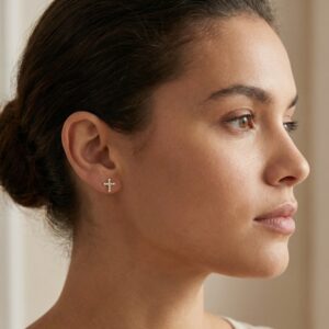 925 Sterling Silver Sparkling Diamond Faith Cross Stud Earrings with Bezel-Set Round Accents