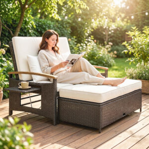 Rattan Outdoor Daybed w/4-Level Adjustable Backrest, Patio Sofa Bed w/Storage Ottoman, Acacia Wood Armrest, Beige