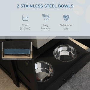 Pet Feeding Station, Dog Food Storage Cabinet w/ Raised Dog Bowls, Adjustable Panel, Hooks for Medium Dogs, Black