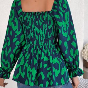 Women's Casual Ruffle Trim Square Neck Leopard Print Long Sleeve Chiffon Top