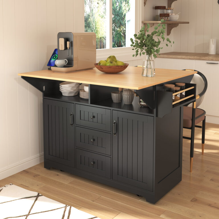 K&K 55.7 Large Kitchen Island With 2 Drop Leaf,, Rolling Kitchen Cart On 5 Wheels With Power Outlet, Folding Storage Dining Table With Spice & Towel Rack , 3 Drawers, For Kitchen, Dining Room,Black