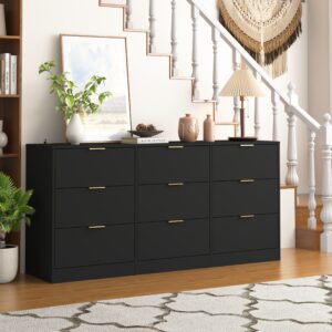 Black 9 Drawer Dresser, 63 Large Deep Chest Of Drawers, Wooden Dresser Storage Cabinet With 9 Drawers For Bedroom, Long Dressers For Living Room, Hallway