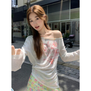 Sweet Floral Print Off-Shoulder Sheer Blouse Long-Sleeve T-Shirt Womens Sun-Protective Off-Shoulder Top