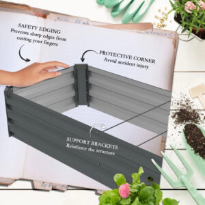 8x2x1ft Galvanized Raised Garden Bed Kit With Safety Edging For Flowers, Herbs And Vegetables, Dark Gray
