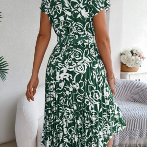 Women's Elegant Floral Print Short Sleeve Flowy Pleated Dress