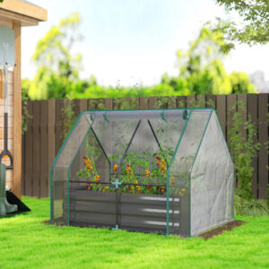 4 x 3 x 3ft Raised Garden Bed with Mini Greenhouse, Galvanized Raised Garden Bed with Cover, Clear and Dark Gray