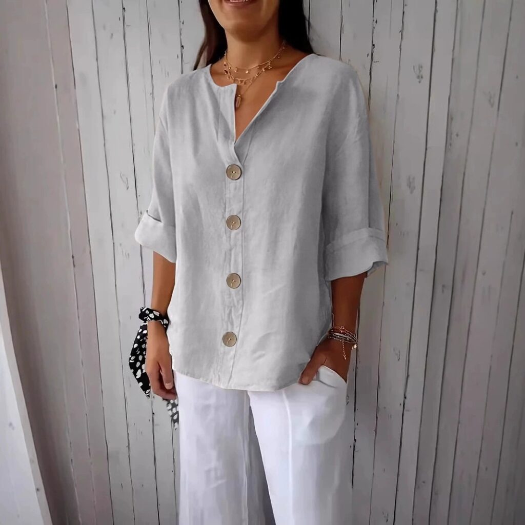 Women's V-neck Cotton And Linen Buttoned Blouse