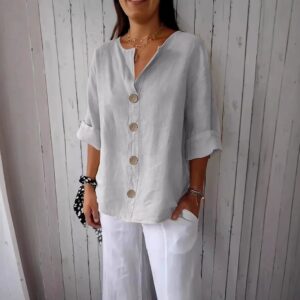 Women's V-neck Cotton And Linen Buttoned Blouse