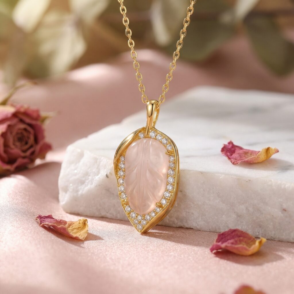 925 Sterling Silver Elegant Hand-Carved Rose Quartz Leaf Pendant Necklace with Shimmering Accents