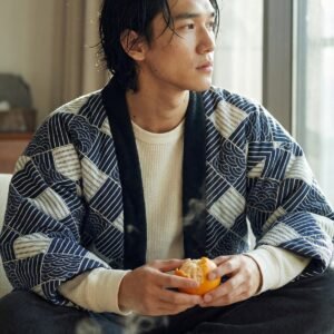 Men's Haori Style Autumn Winter Quilted Jacket Japanese Kimono Coat, Striped Loungewear, Indoor Wear. Lightweight Thermal Japanese Style Cotton Coat