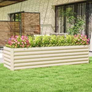 8x2x2ft Galvanized Raised Garden Bed Kit with Safety Edging for Flowers, Herbs and Vegetables, Cream White
