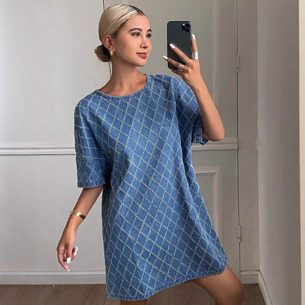 Women's Denim-Style Patterned Casual Dress