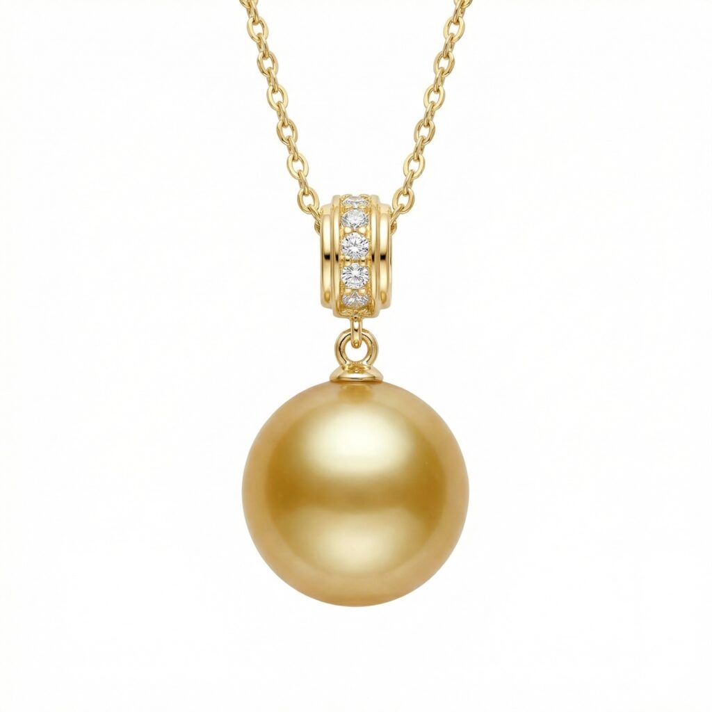 925 Sterling Silver Radiant Deep Honey Pearl Pendant Necklace With Brilliant Diamond Accents And Delicate Chain