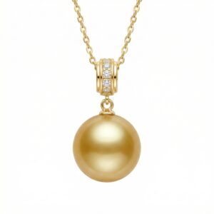 925 Sterling Silver Radiant Deep Honey Pearl Pendant Necklace With Brilliant Diamond Accents And Delicate Chain
