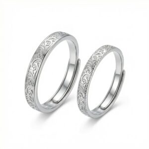 925 Sterling Silver Elegant Vintage Floral Engraved Adjustable Silver Couple Rings Set