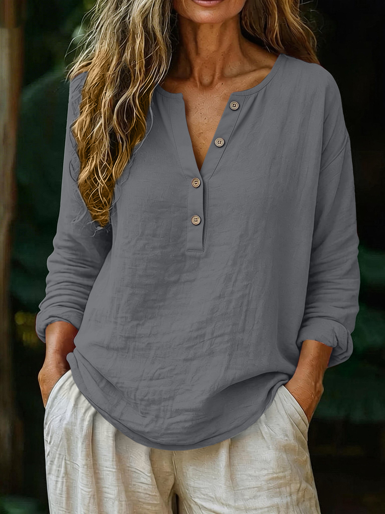 Casual Solid Color Cotton-Linen Long-Sleeve Half-Placket V-Neck - Image 5