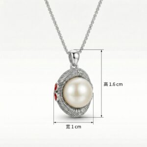 925 Sterling Silver Elegant Sterling Silver Pearl Pendant Necklace with Textured Design and Red Accents