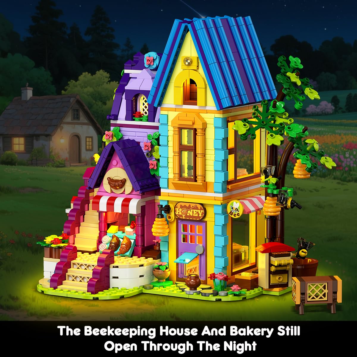 HOGOKIDS Beekeeping & Bakery House Building Toy With LED Light – 1084PCS Friends Girls Baking Building Set With Honey Workshop, Pretend Play Birthday For Kid Girls Boys