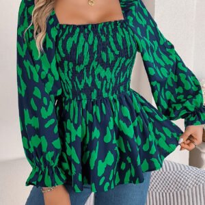 Women's Casual Ruffle Trim Square Neck Leopard Print Long Sleeve Chiffon Top