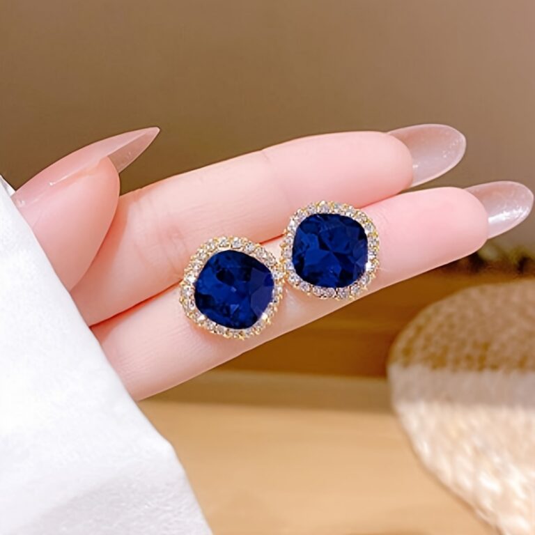 1 Pair Elegant Sparkly Navy Blue Geometric Square Stud Earrings For Women, Perfect For Daily Wear, Banquets & Vacations
