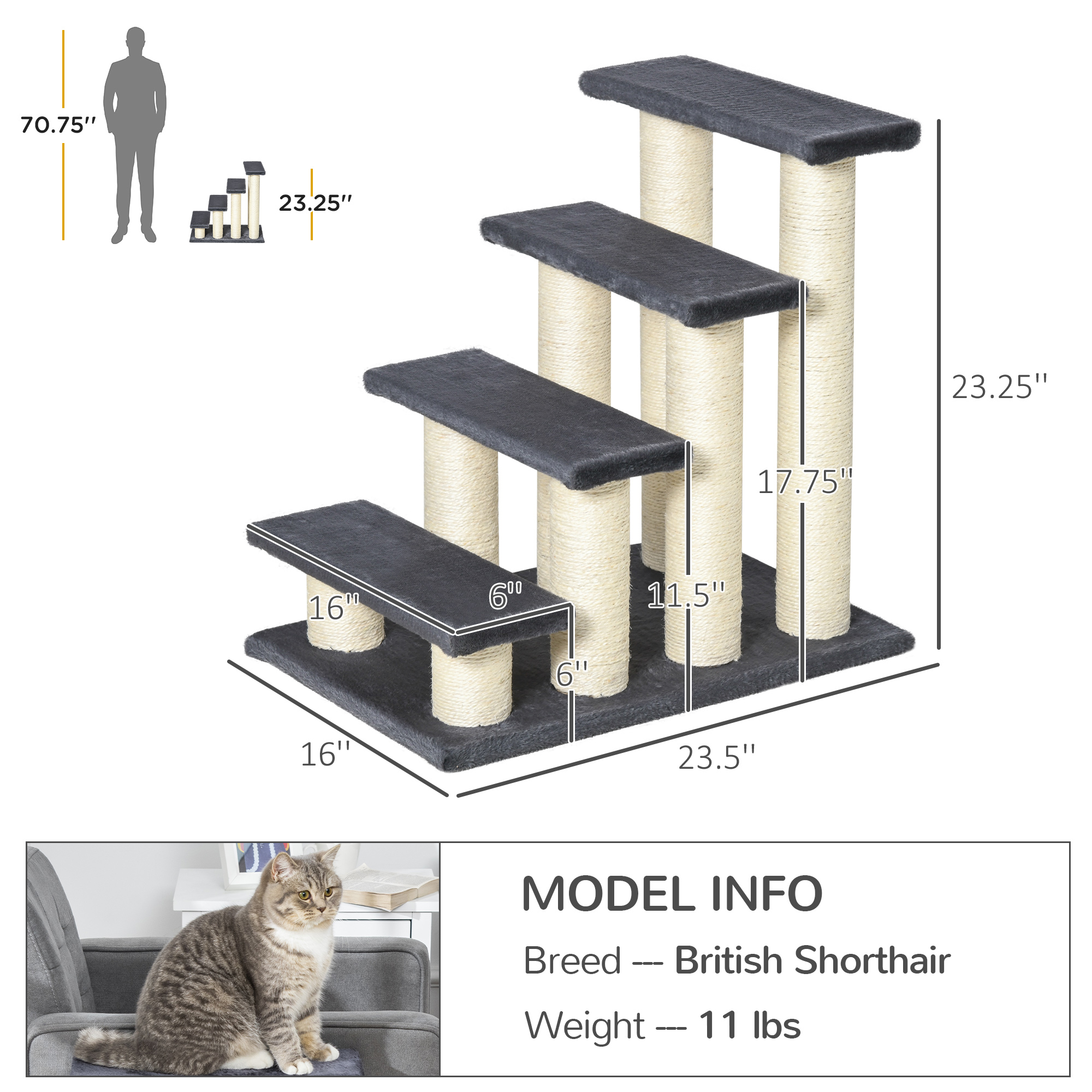 Cat Tree with 4 Steps for High Beds w/ Sisal Scratching Post