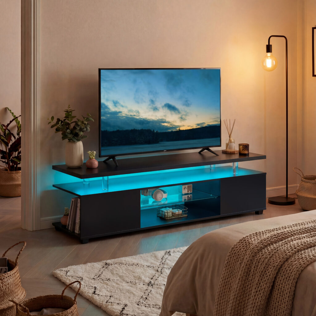 TV Stand For 60 Inch TV LED Gaming Entertainment Center Media Storage Console Table With Large Side Cabinet For Living Room Black