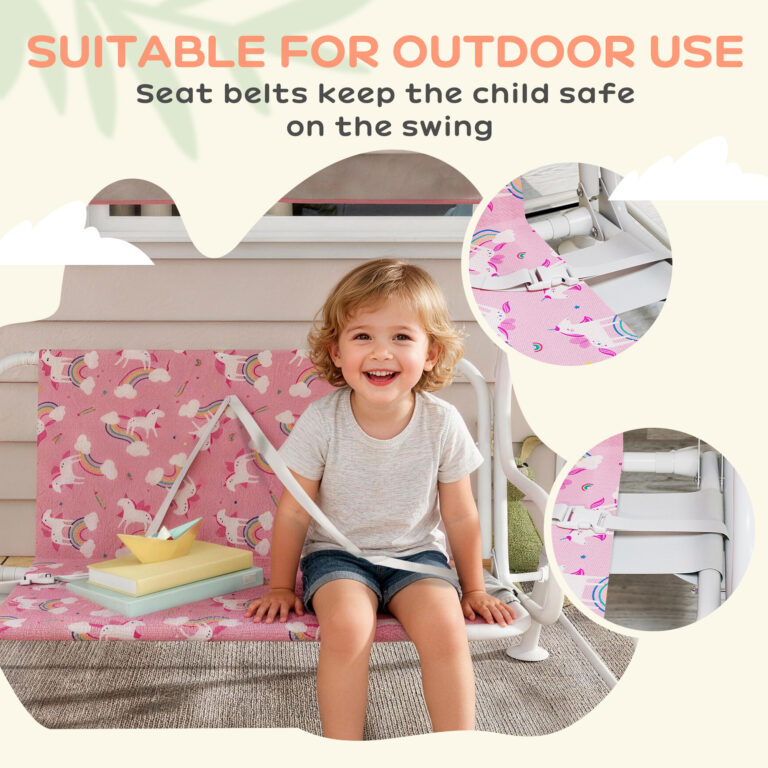Kids Porch Swing, 2-Seater Patio Swing Bench with Safety Belts, Adjustable Canopy for Backyard, Garden, Pink