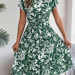 Women's Elegant Floral Print Short Sleeve Flowy Pleated Dress