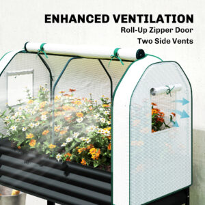 Galvanised Raised Garden Bed with Greenhouse Cover, Metal Elevated Garden Bed with Bed Liner, Bottom Shelf, Black
