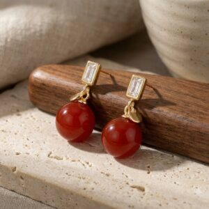 925 Sterling Silver Sophisticated Red Sphere Drop Earrings with Rectangular Clear Gemstone Accents