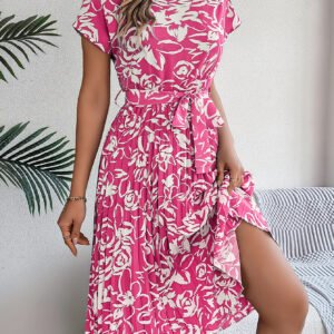 Women's Elegant Floral Print Short Sleeve Flowy Pleated Dress