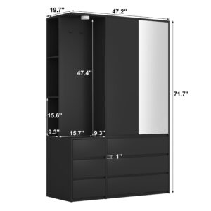 Wardrobe Closet 71.7 H, Bedroom Wooden Wardrobe With 2 Doors 6 Drawers, Modern Clothing Storage Cabinet Combination With Storage Shelves And Hanging Rail, Black