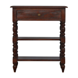 Solid Wood Turned Occasional Table, 1 Drawer,2 Big Shelves, Dark Brown