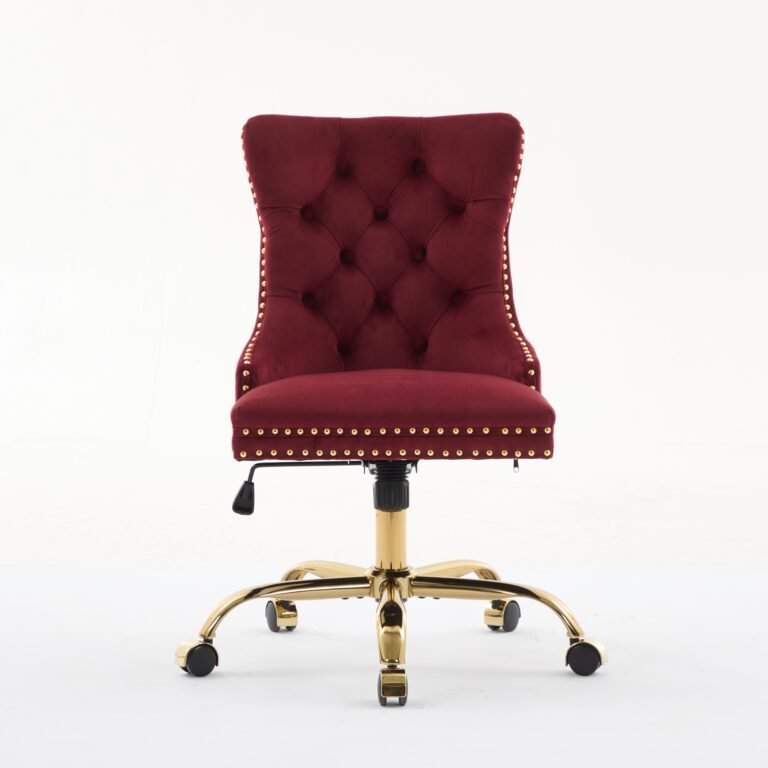 A&A Furniture Office Chair,Modern Velvet Upholstered Tufted Button Home Office Chair With Golden Metal Base,Adjustable Desk Chair Swivel Office Chair Wine Red