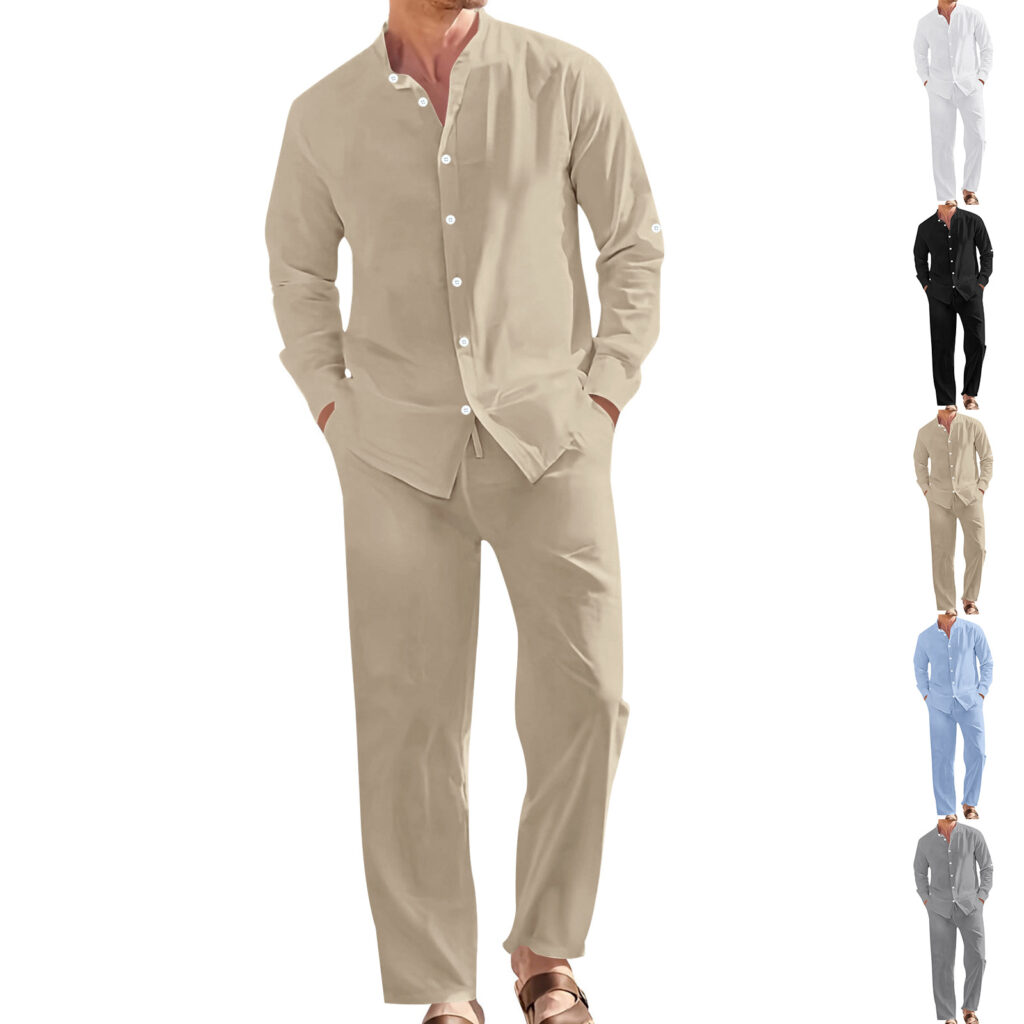 Men's Linen Casual Stand-Collar Shirt And Loose-Fit Trousers Set
