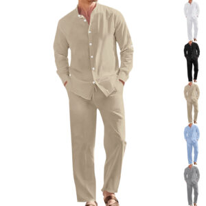 Men's Linen Casual Stand-Collar Shirt And Loose-Fit Trousers Set