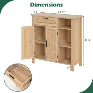 Natural Rattan Buffet Sideboard, Pull-Out Drawer & 3 Open Shelves, 3-Position Adjustable Cabinet Shelf