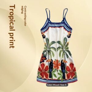 European And American-style Tropical Print V-Neck Slip Dress