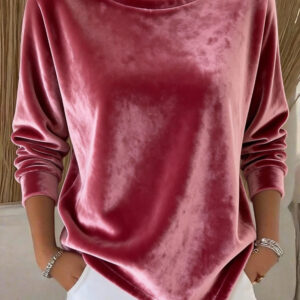 Womens Round-Neck Velvet Solid-Color Long-Sleeve Blouse