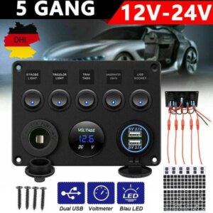 12V/24V 5-Gang LED Switch Panel, Boat Car RV Rocker Switch Board With Voltmeter And Dual USB