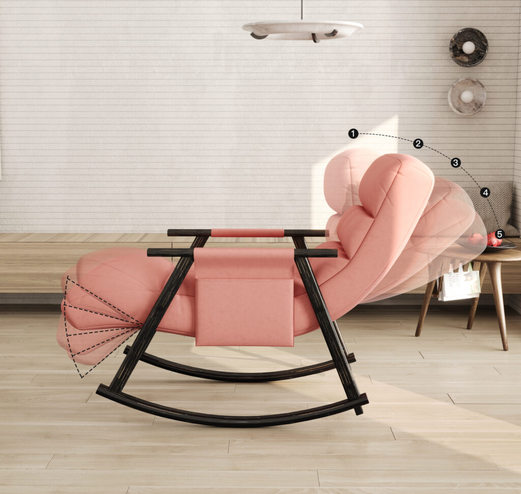 Casual Folding Rocking Chair Upholstered, Lounge Rocking Chair Adjustable High Back And Foot Rest,side Pockets Placed In Living Room Bedroom Balcony