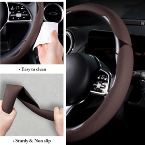 Car Steering Wheel Cover – Leather Snap-on Three-piece Set – Anti-slip Protection Cover – Steering Wheel Control Accessory – Universal Model – Coffee Color